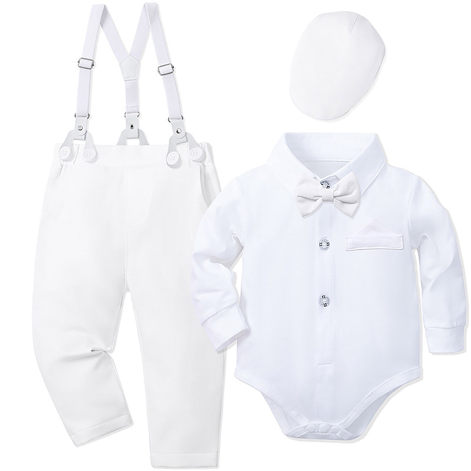 Ketyyh-chn99 Baptism Gifts for Boys Toddler Kids Baby Boys 1st Christmas Outfit Gentleman Striped Shirt with Bowtie +Long Suspender Pants Overalls Clothes Size for 0-3 Months,White