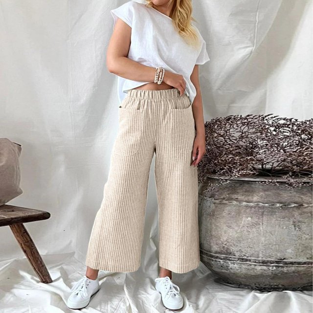 YDLCAFD Sweat Pants For Womens Petite Loose Striped Linen Pocket Trousers For Women