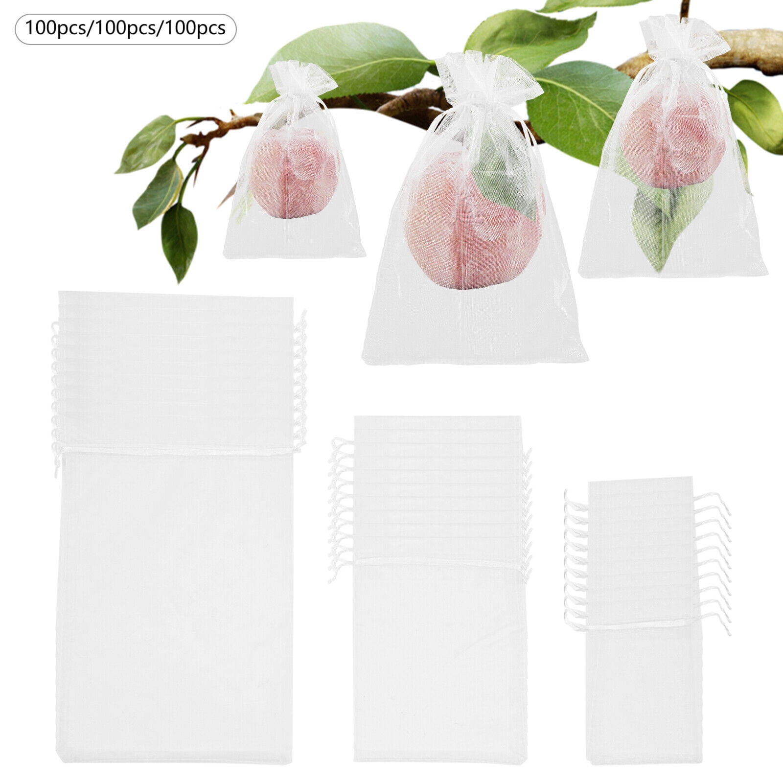 300PCS White Fruit Netting Bags Garden Netting Bags W/Drawstring Fruit Protection Bags