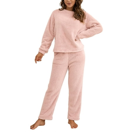 

Pudcoco Women Fluffy Pajamas Set Fleece Pullover Pants Winter Loose Plush Lounge Sets 2 Piece Cozy Sleepwear Loungewear