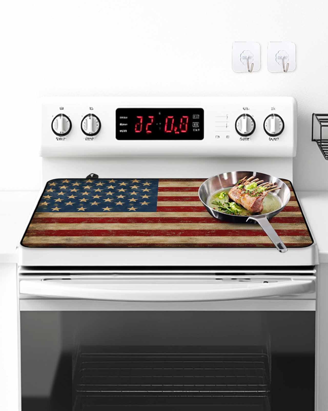 Stove Top Covers for Electric Stove, Vintage American Flag Glass Stovetop Cover Protector, Retro USA Flag Blue Red Induction Cooktop Protector Oven Mat for Kitchen Countertop 24"x21"