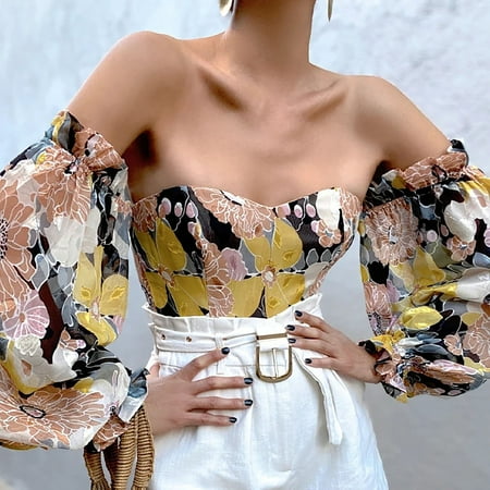 

qolati Womens One Shoulder Tops Summer Casual Dressy Bustier Strapless Corset Shirts Sexy Floral Print Lantern Sleeve Blouse