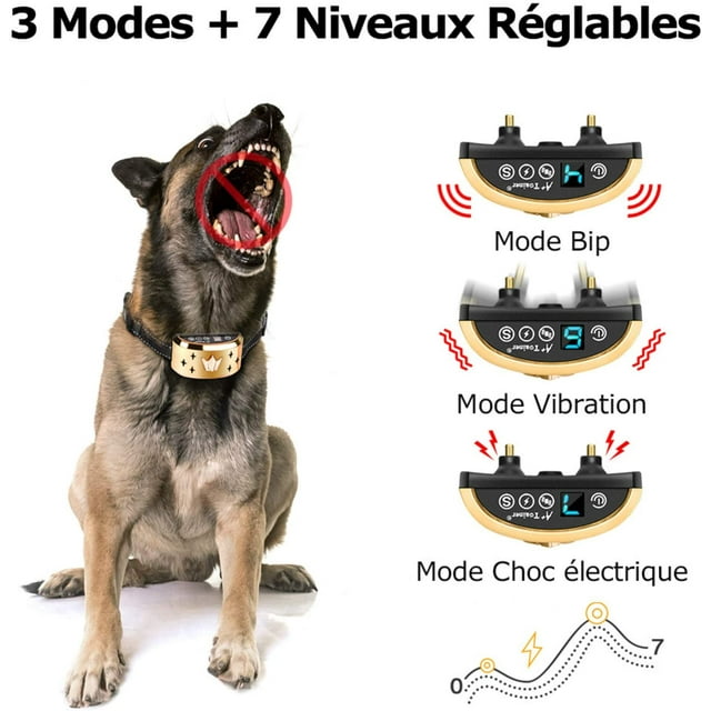 Rechargeable Automatic Electric Dog Bark Collar with 7 Adjustable Levels, 3 Sensitivity / Vibration / Shock Modes Adjustable Strap for Small / Large Dogs Waterproof IP66