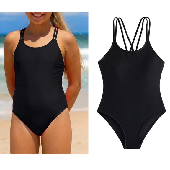 Girls Swimsuits Sleeveless 1 Piece Bathing Suit Quick Dry Summer Swimwear Cross Shoulder Strap Girls Size 9-10 Years Swimsuit