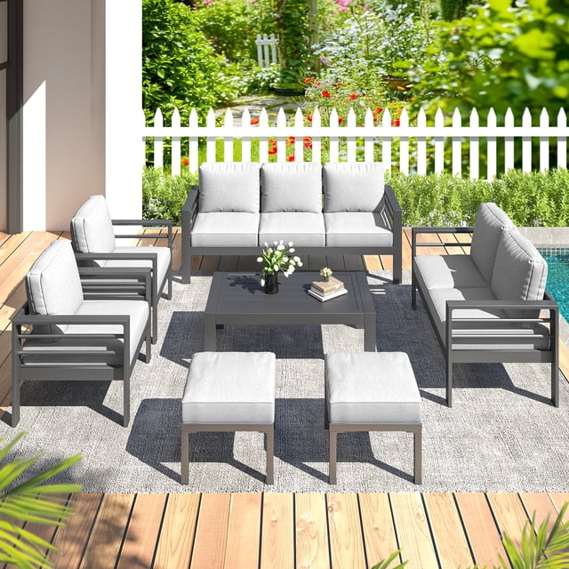 AECOJOY 7-Piece Outdoor Patio Set – Gray, Aluminum Sectional Sofa with Coffee Table, Seats 9