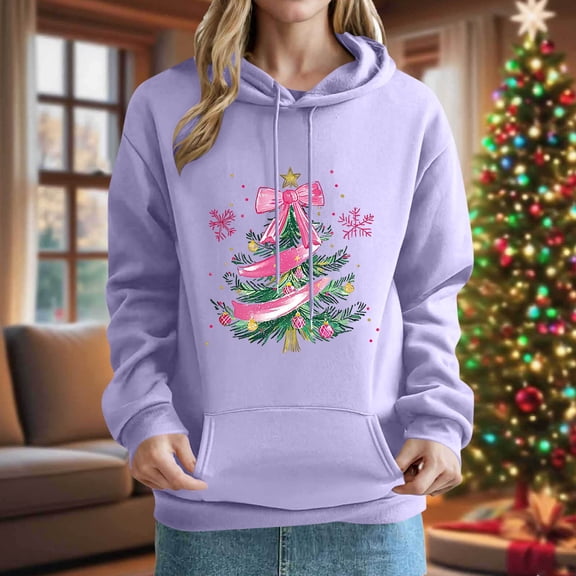Mifsaly Merry Christmas Sweatshirt for Women Xmas Tree Graphic Loose Hoodie Long Sleeve Hooded Pullover Tops Soild Color Drop Shoulder Outerwear 2025 Festival Party Funny Outfits with Pocket