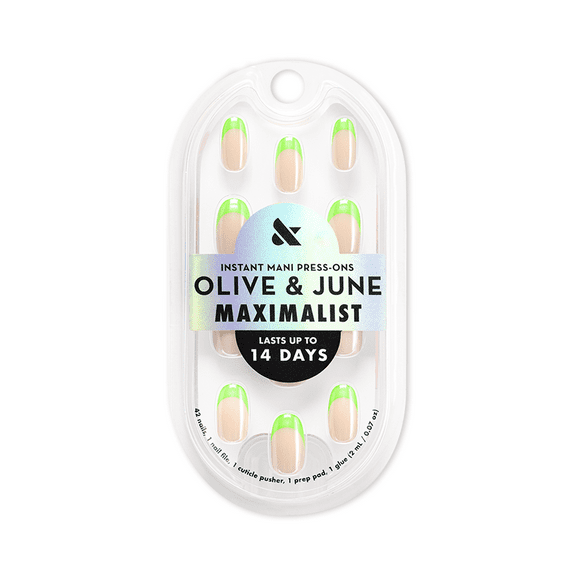 Olive & June Instant Mani Maximalist Short Round Press-On Nails, Lime Chrome French, 42 Pieces