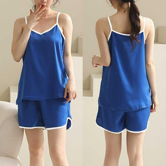 Karight Sleepwear for Womens Straps Tank Top Shorts 2 Piece Pajamas Lace Faux Silk Nightgowns Plain Match Thin Pjs Sets