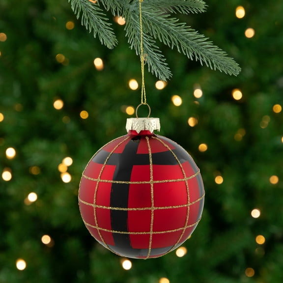 Northlight 4ct Red, Black and Gold Plaid Glass Ball Christmas Ornaments 3.25"