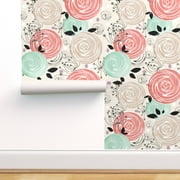 Peel & Stick Wallpaper Swatch - Abstract Roses Retro Flowers Floral Pattern Colors Beige Salmon Mint Green Black Vintage Rustic Custom Removable Wallpaper by Spoonflower