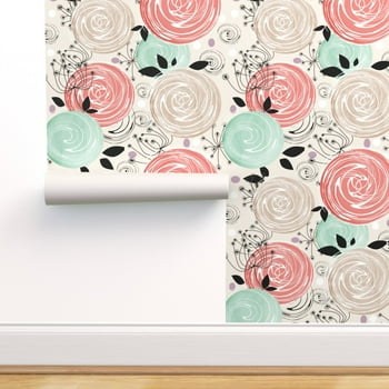 Peel & Stick Wallpaper Swatch - Abstract Roses Retro Flowers Floral Pattern Colors Beige Salmon Mint Green Black Vintage Rustic Custom Removable Wallpaper by Spoonflower