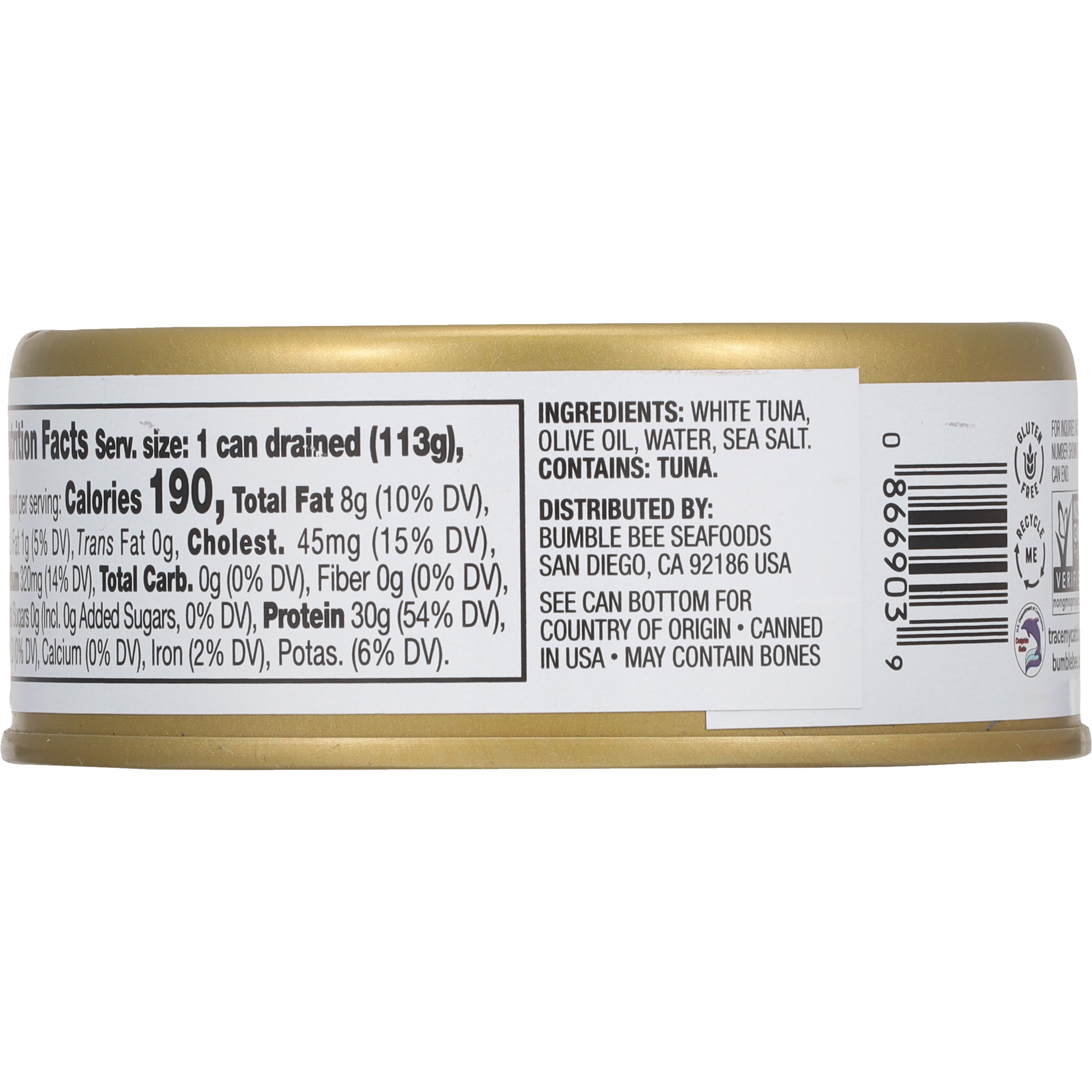 (12 pack) Bumble Bee Prime Solid White Albacore Tuna in Olive Oil, Wild Caught, Gluten Free, 30g Protein per Serving, Shelf Stable Can, 5 oz
