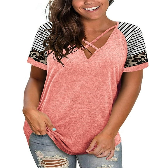 Womens Summer Short Sleeve V Neck T Shirts Plus Size Criss Cross T-Shirt