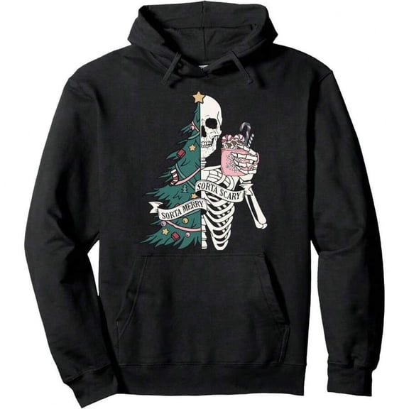 Christmas Horror, Skeleton Sorta Merry Scary, Dark Humor Pullover Hoodie,Holiday Men's Fashion Hoodies & Unsex Sweatshirts Graphic Hoodies Pullover Hoodie S-2xl
