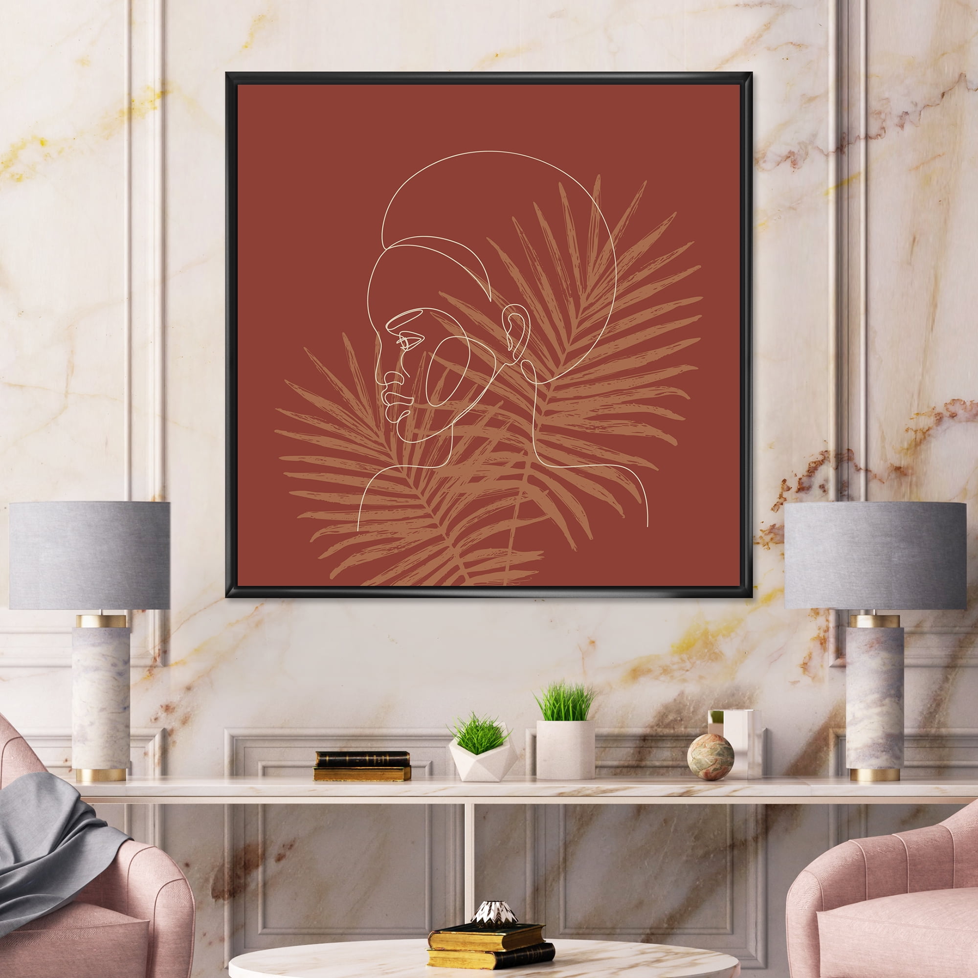 Designart 'Sillhouette of Afro American Woman on Palm Leaves' Modern Framed Canvas Wall Art Print