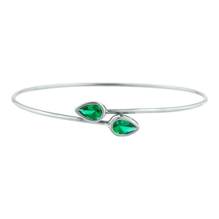 Emerald Gemstone Bangle Bracelet - 2 Ct Emerald Pear Bezel Bangle Bracelet .925 Sterling Silver