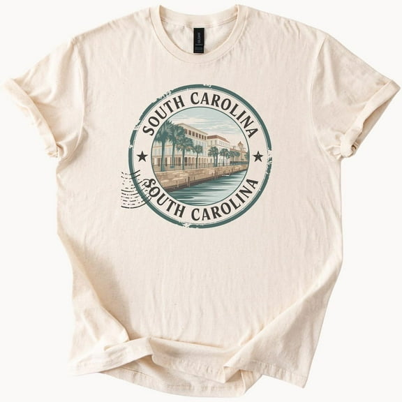 Kiraa Tee with South Carolina Graphic T Shirt Coastal Waterfront Scene Palmetto Trees Charleston Inspired Souvenir South Carolina State Tee Shirt Birthday Gifts; For Men & Women
