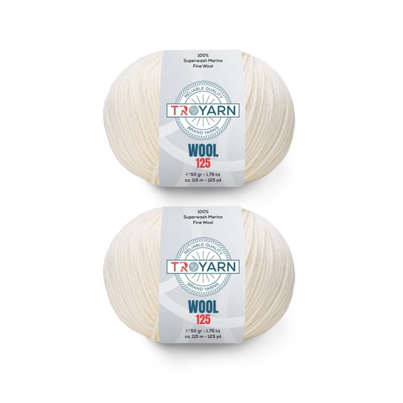 Troyarn Wool 125 (2- Skeins Pack) 100% Superwash Merino Fine Wool Light Worsted Weight #3 Soft Knitting and Crochet Yarn for Crocheting and Knitting (2 x 1.76 oz) / (2 x 125 Yds) (10900 - White)