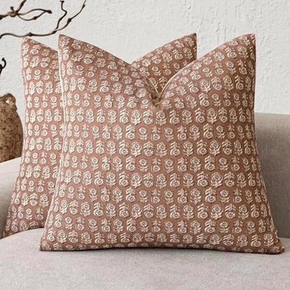 Set of 2 Decorative Neutral Floral Print Throw Pillow Covers Vintage Farmhouse Cushion Covers Boho Home Decor for Sofa Chair Couch Bedroom Living Room,18×18 Inch,Light Orange Brown
