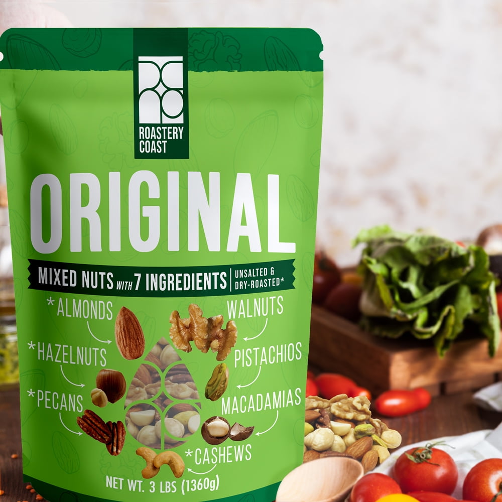 Roastery Coast Original Mixed Nuts | 7 Tree Nut Mix | Almonds, Cashews, Hazelnuts, Pecans, Macadamias, Pistachios, Walnuts (48 oz)