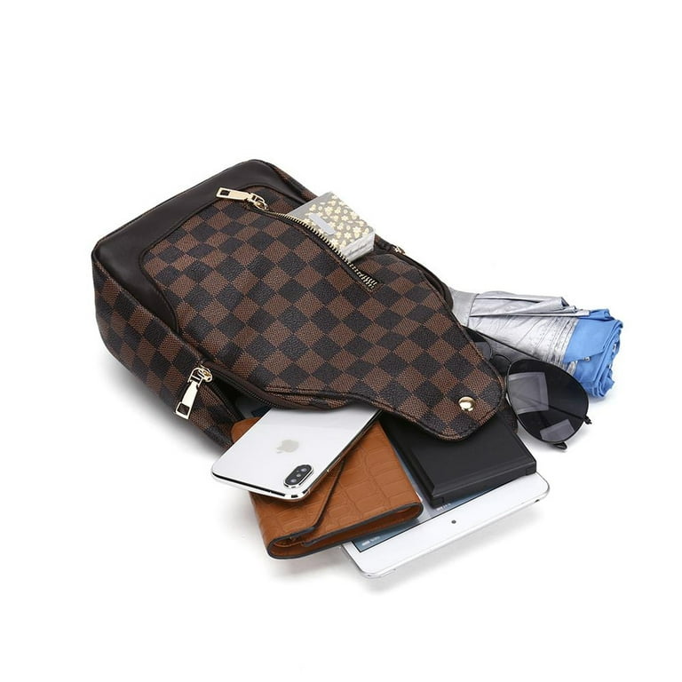 FR Fashion Co. 13 Brown Checkered Print Leather Crossbody Sling Bag 