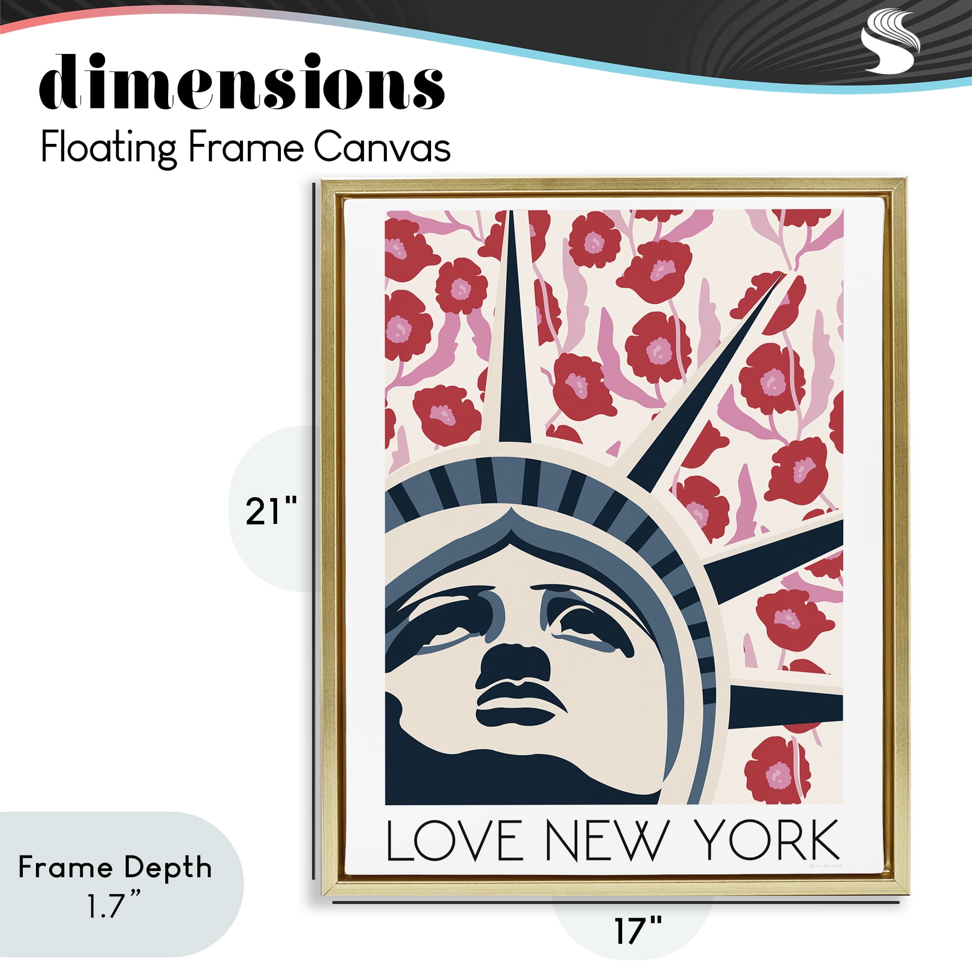 Stupell Industries Groovy Florals Love New York Gold Framed Floater Canvas Wall Art, design by Omar Escalante
