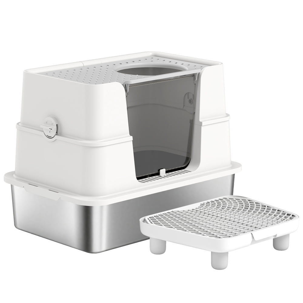 Stainless Steel Enclosed Cat Litter Box Large Covered Cat Litter Box with Top Exit Anti Tracking Step Odor Control Double Door Cat Toilet Easy Clean Metal Litter Tray for Large Cats Multi Cat Homes