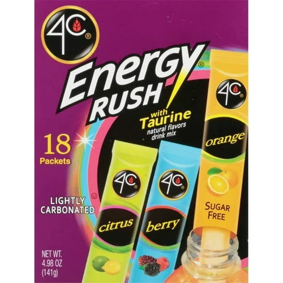 4C Energy Rush Stix, Single Serve Water Flavoring Packets, Sugar Free With Taurine, On The Go Bundle 18 Count (Variety Pack, 4 Pack)
