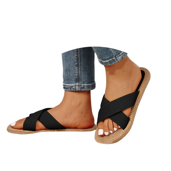 IUJSOY Slides for Women Sandals Criss Cross Strap Open Toe Straw Flat Summer Beach Slippers