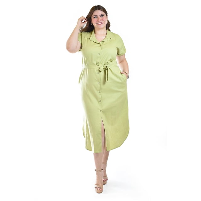 Vestido camisero de lino Roman Fashion /Tallas Extras, 2107 (Verde) verde claro 42