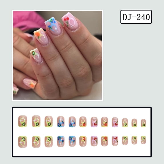 Short Square Press On Nails, 24Pcs Colorful Flame Summer Fruit Fake Nails, Trendy Full Cover Wearable Nail Tips, Easy Reusable DIY Nail Art Manicure for Women Daily Holiday