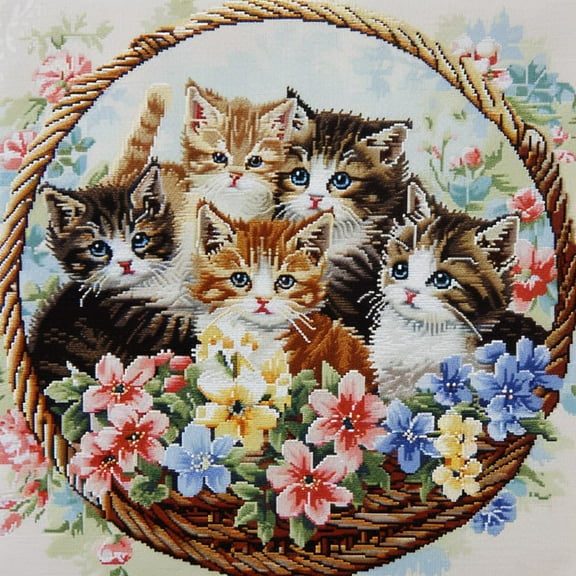 Cute Cats Family in Flower Basket DIY 11CT Stamped Cross Stitch Kits for Beginners Easy Needlepoint Embroidery Counted Cross Stitch Art Craft for Wall Decoration 14x14inch(4)