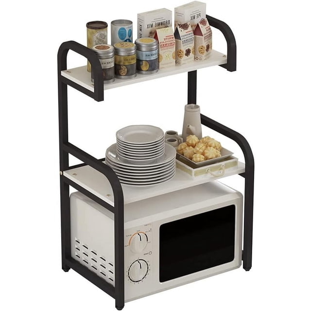 Desktop Microwave Oven Stand with Adjustable Non-Slip Feet, Metal Kitchen Baker's Racks Retro Kitchen Organizer Rack Corner Shelf, for Spices, Pots and Pans,B