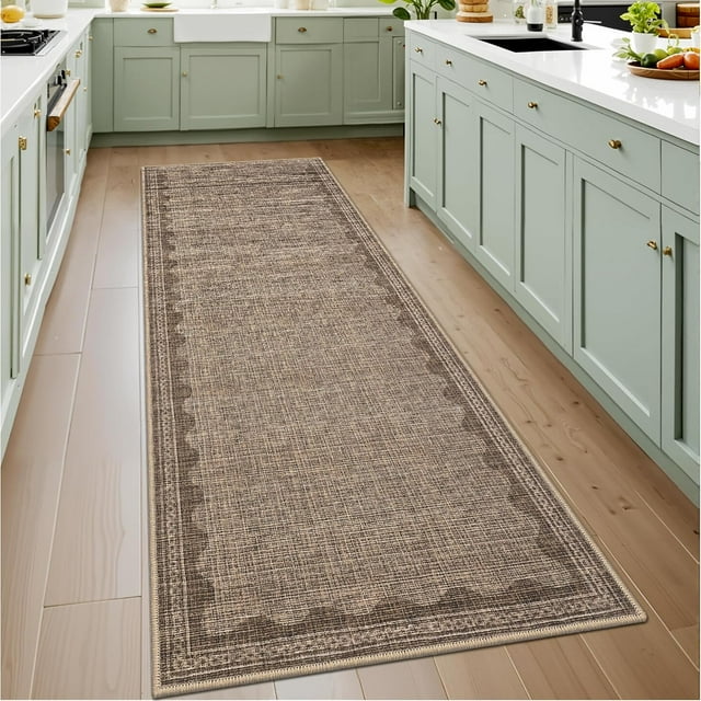 2x6 Runner Rug for Hallway Washable Kitchen Rugs Non Slip Solid Coffee Modern Minimalism Soft Low-Pile Scalloped Indoor Carpet for Entryway Laundry Room Floor Mats
