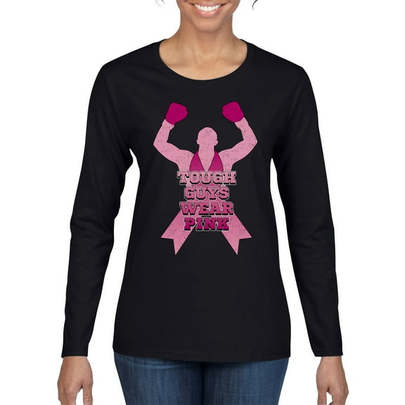 Wild Bobby Tough Guys Wear Pink Boxer Breast Cancer Awareness Women Graphic Long Sleeve Tee, Black, Small