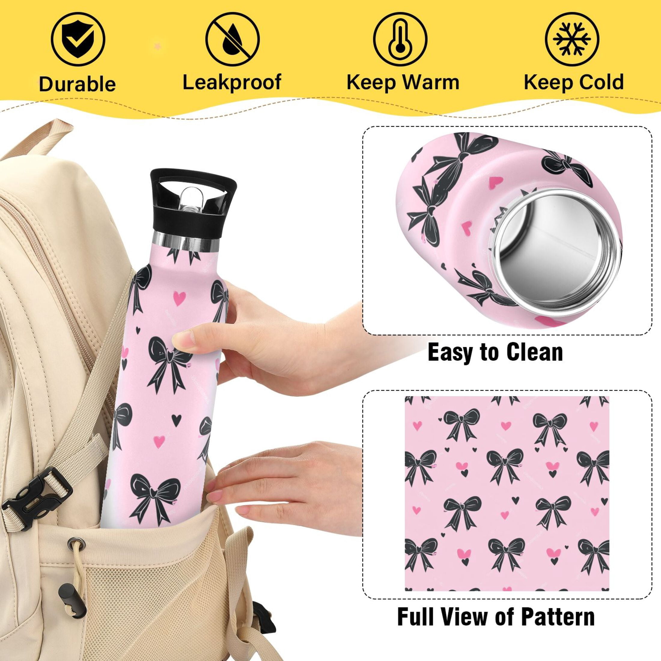 Kids Insulated Stainless Steel Sports Water Bottle 600ml (20oz) Black Bows