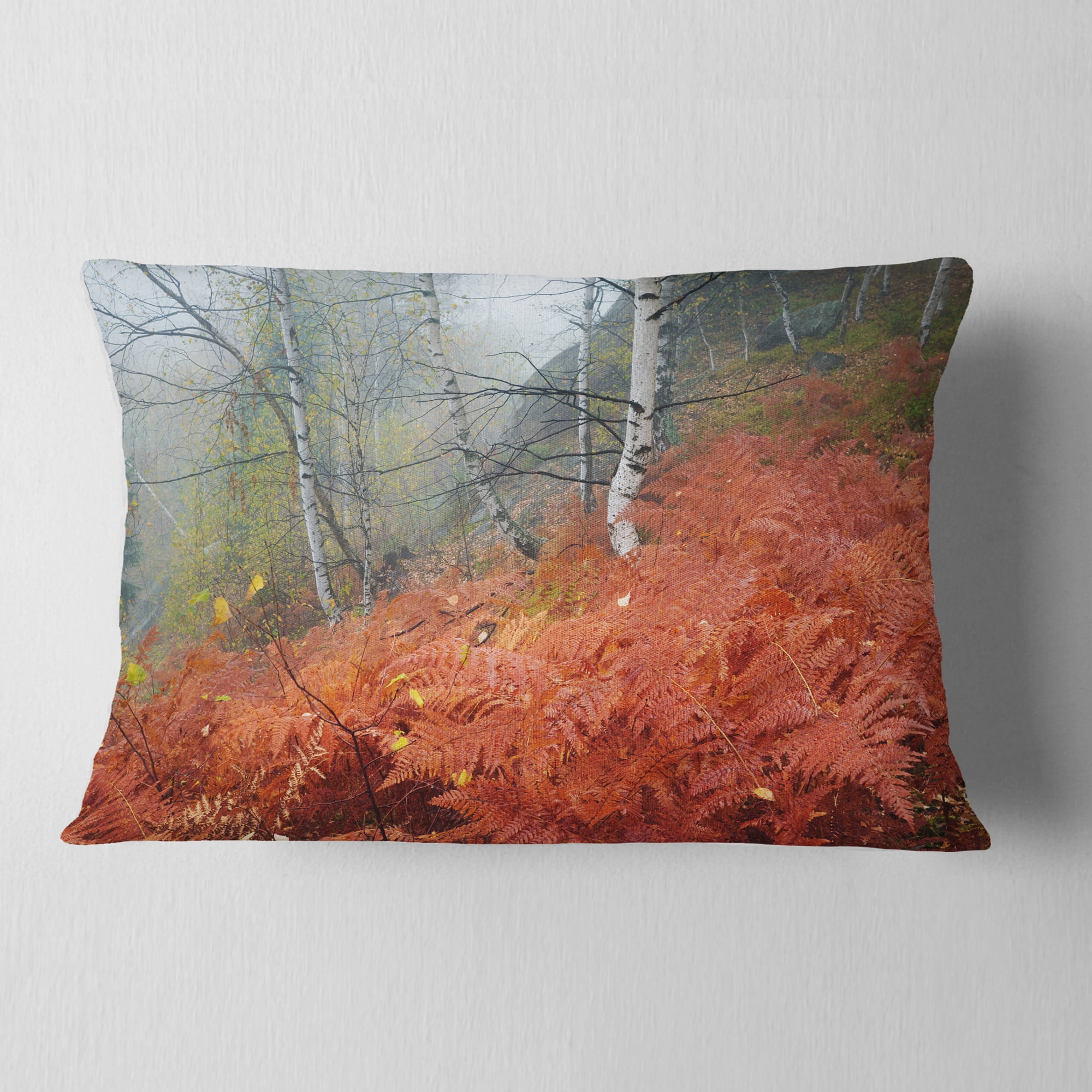 Designart Red Fern in Foggy Fall Fay - Landscape Photo Throw Pillow - 12x20