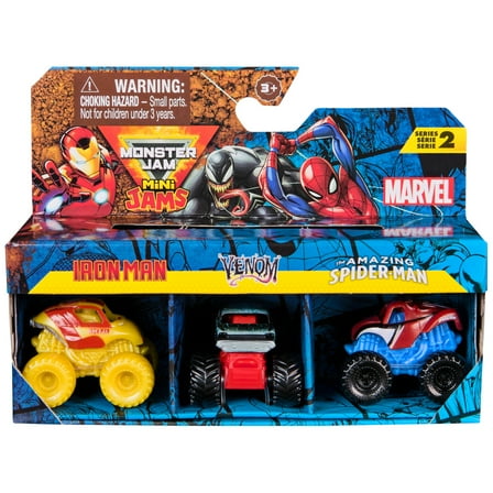 Monster Jam, Marvel Mini 1:87 Scale Monster Truck 3-Pack (Spider-Man, Venom, Iron Man)