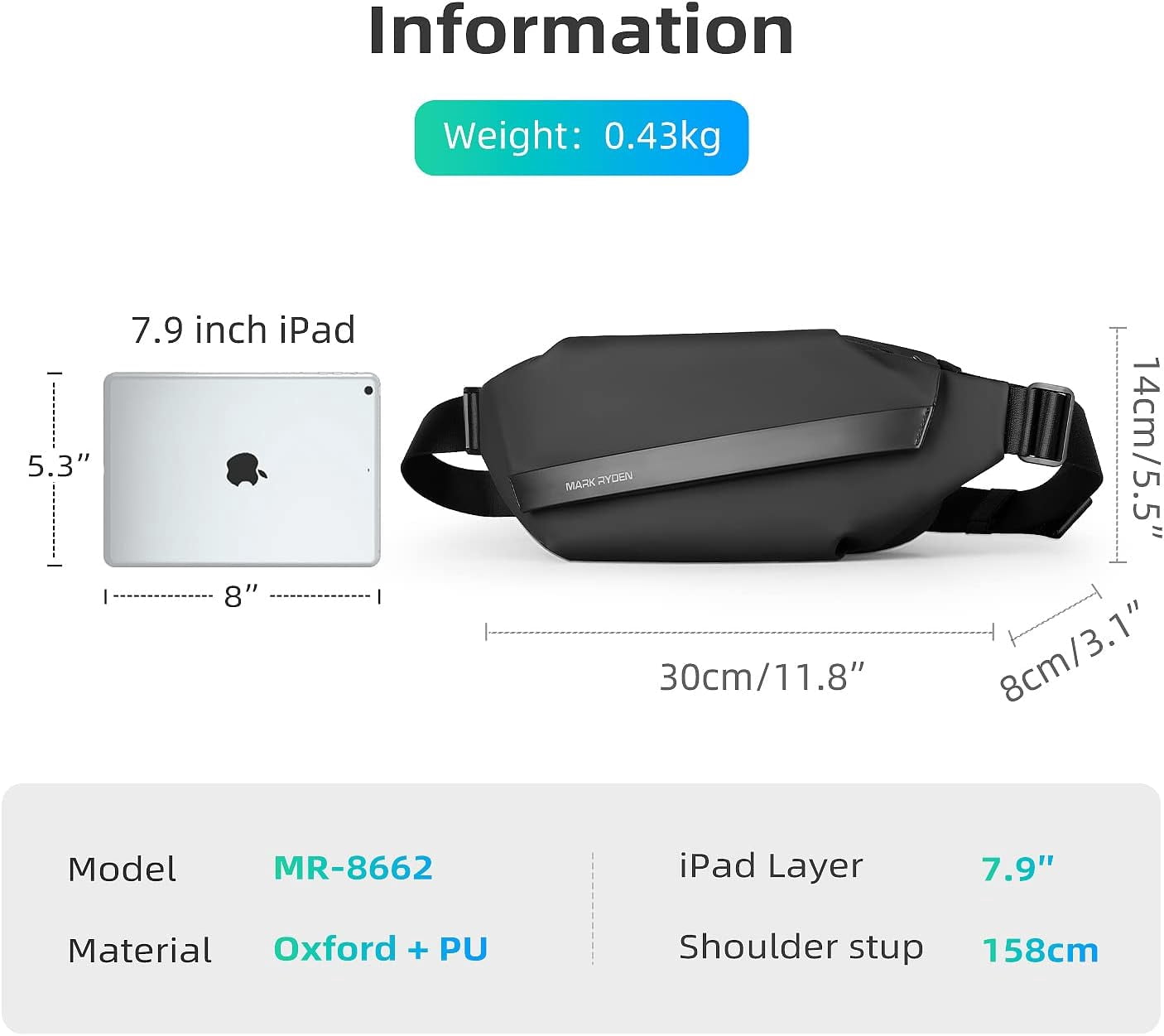 MARK RYDEN Crossbody Fanny Pack for Men, Waterproof Shoulder Chest Bag with Strong Double Face Sew Magnetic Snap, Adjustable Waist Bag for Traveling, Sporting, Cycling, Daily