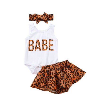 

Shuttle tree Baby Girls 3Pcs Layette Sleeveless RomperLeopard Print Skirt and Bow Knot Headdress