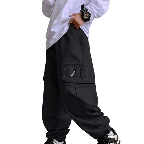Boys' Pants Loose Fit Pocketed Elastic Solid Print Cargo Trousers Streetwear 5-6 Years
