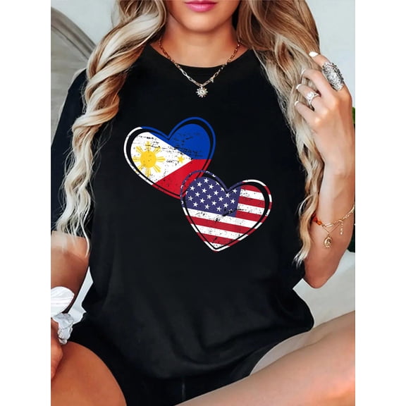 Cotton USA Flag Philippines Heart Philippines T-Shirt Women's Graphic Tee Casual Tops