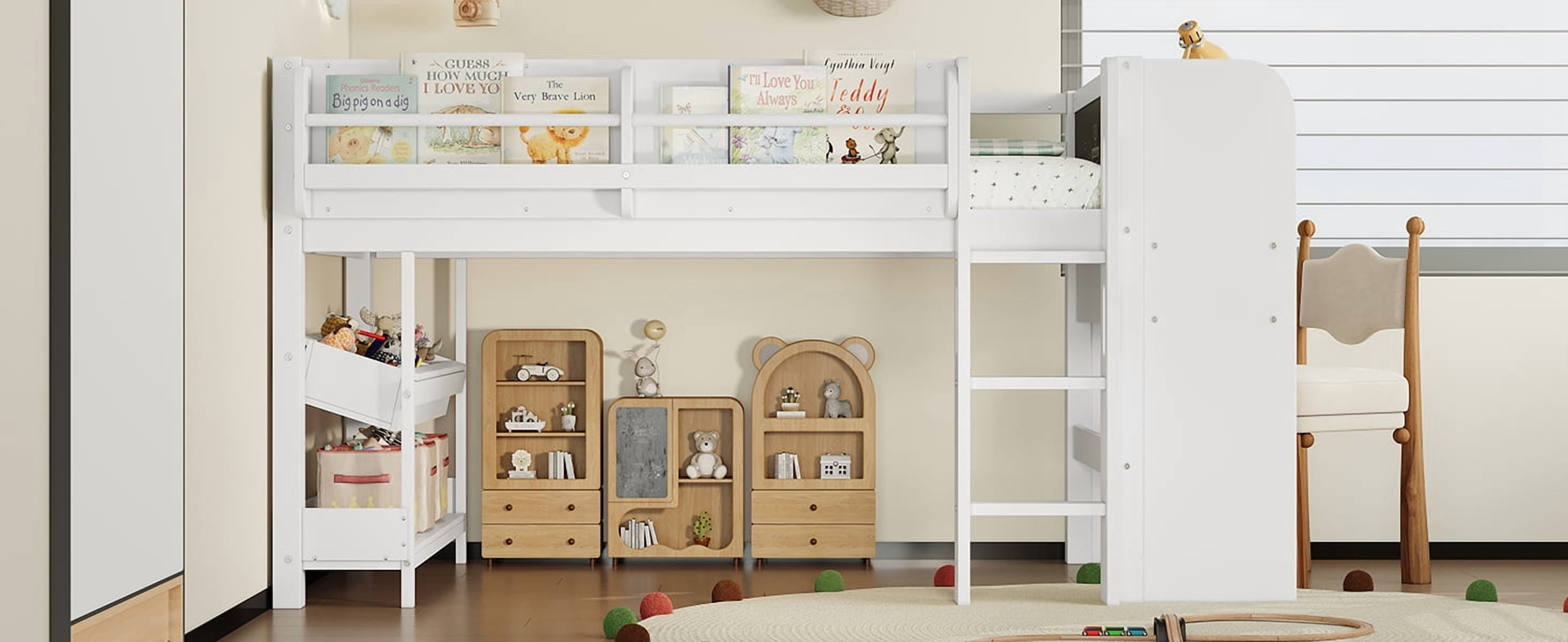 Mintazer Twin Low Loft Bed with Desk & Blackboard, Kids Loft Bed with Storage Drawers, No Spring Box Needed, White