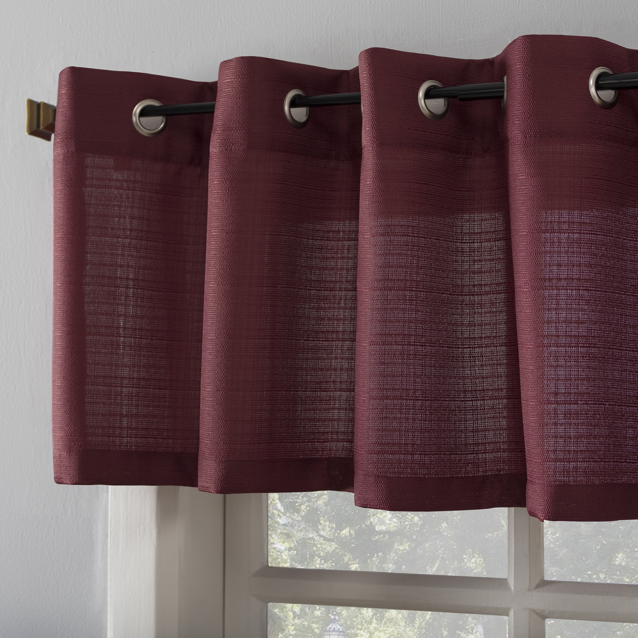 Mainstays Solid Semi Sheer Curtain Tier Pair and Valance Set, 3-Piece, Wine, 54" W x 36" L