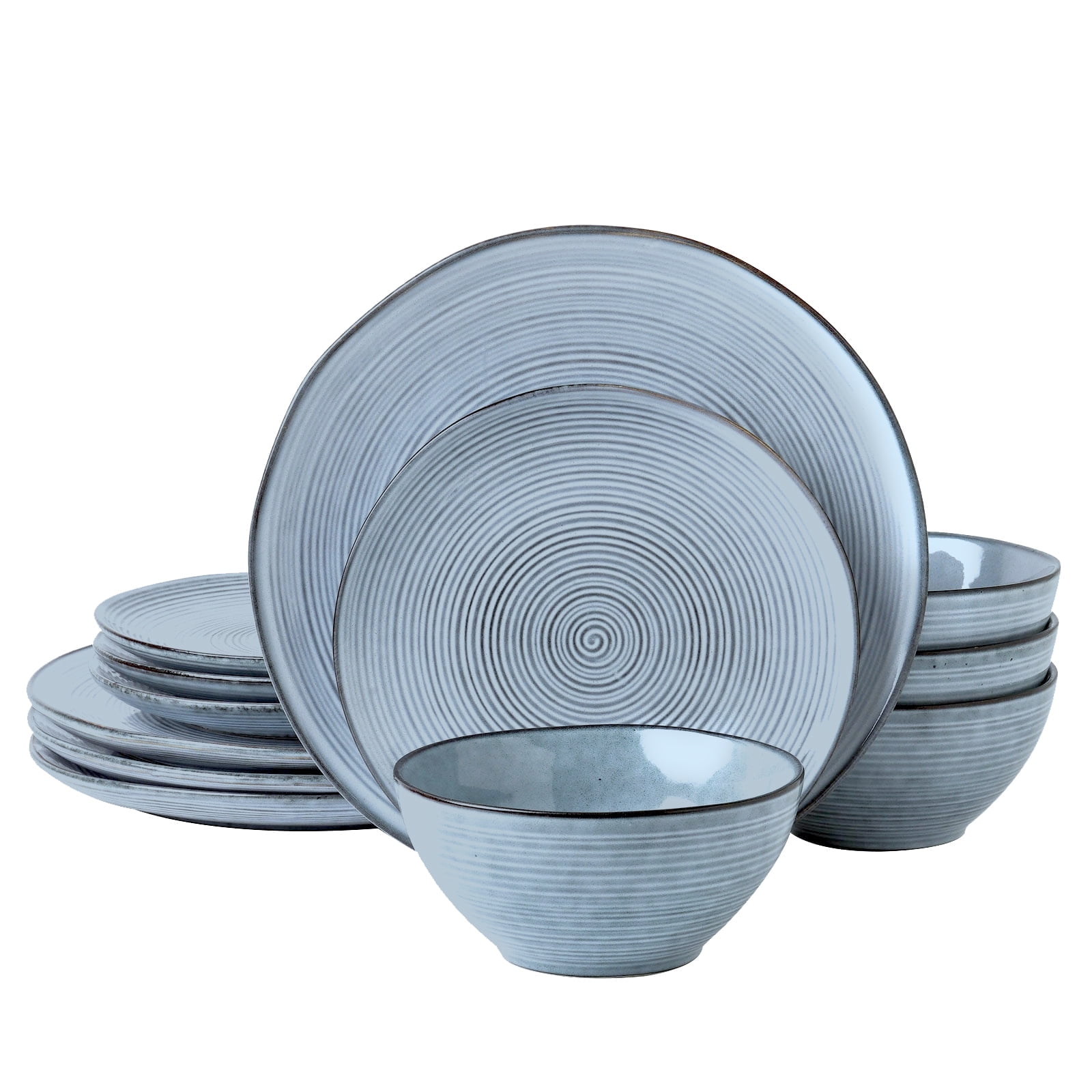Famiware Stoneware Dinnerware Sets, 12 Piece Plates and Bowls, Dishes Set for 4, Pearl Blue