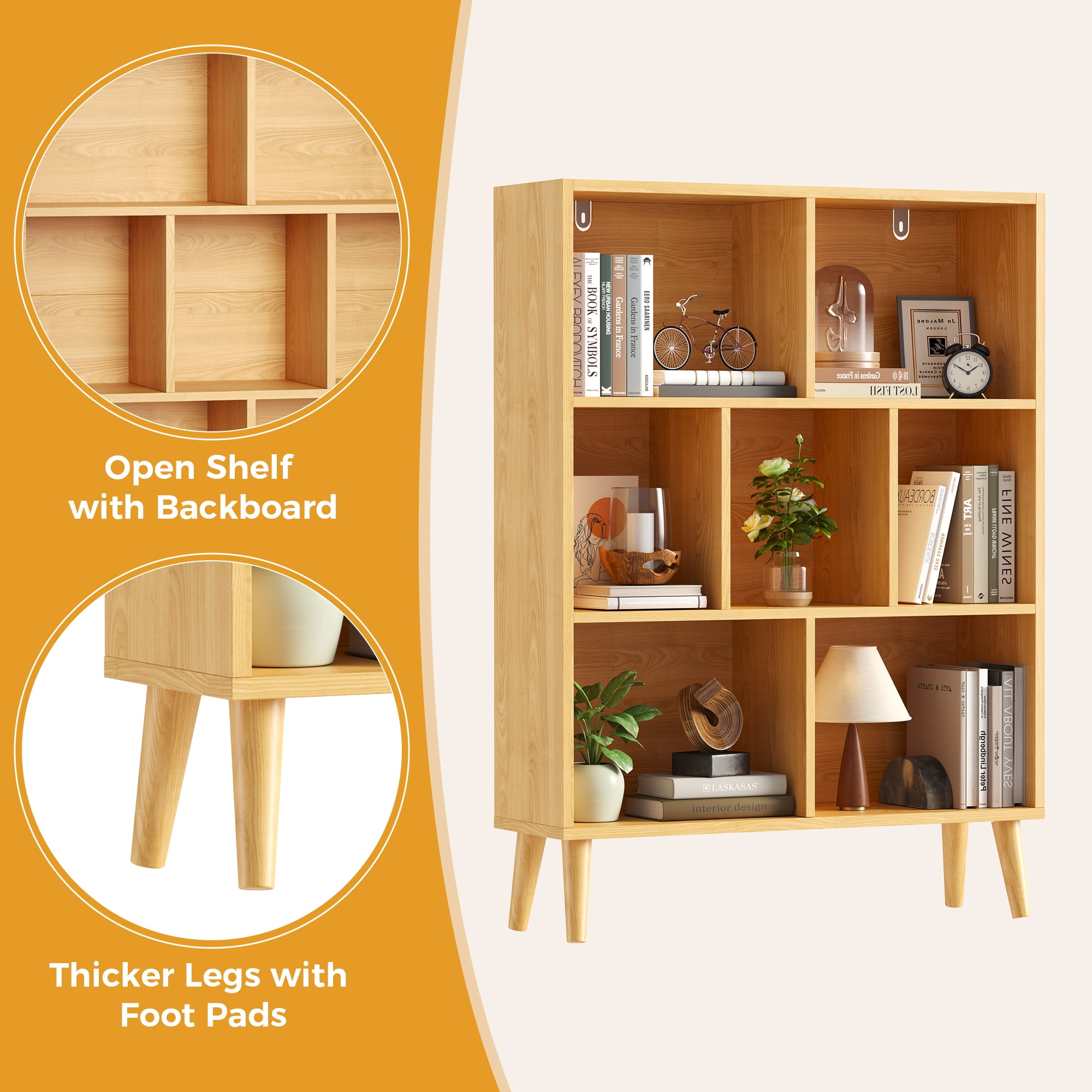 EDX Wooden Cube Bookshelf, Open 3-Tier Bookcase with Legs, Freestanding Bookshelves Storage Organizer Shelf, for Bedroom, Living Room, Office, Natural wood