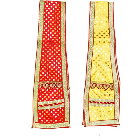 Set of 2 Red & Yellow Decorative Puja Cloth Pooja Chunar Dupatta (Size :- 29 Inches x 4 Inches) Pooja Items Articles for Decoration for Statue Frame Idol Temple, (Red , Yellow )