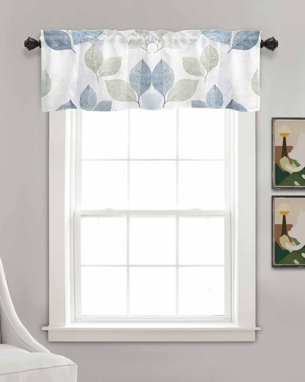 Sage Green Blue Leaves Kitchen Valances for Windows Farmhouse Linen Window Valance Curtain for Living Room Window Treatment Vintage Rustic Botanical Valance Rod Pocket Topper Drape, 54 x 18 Inch