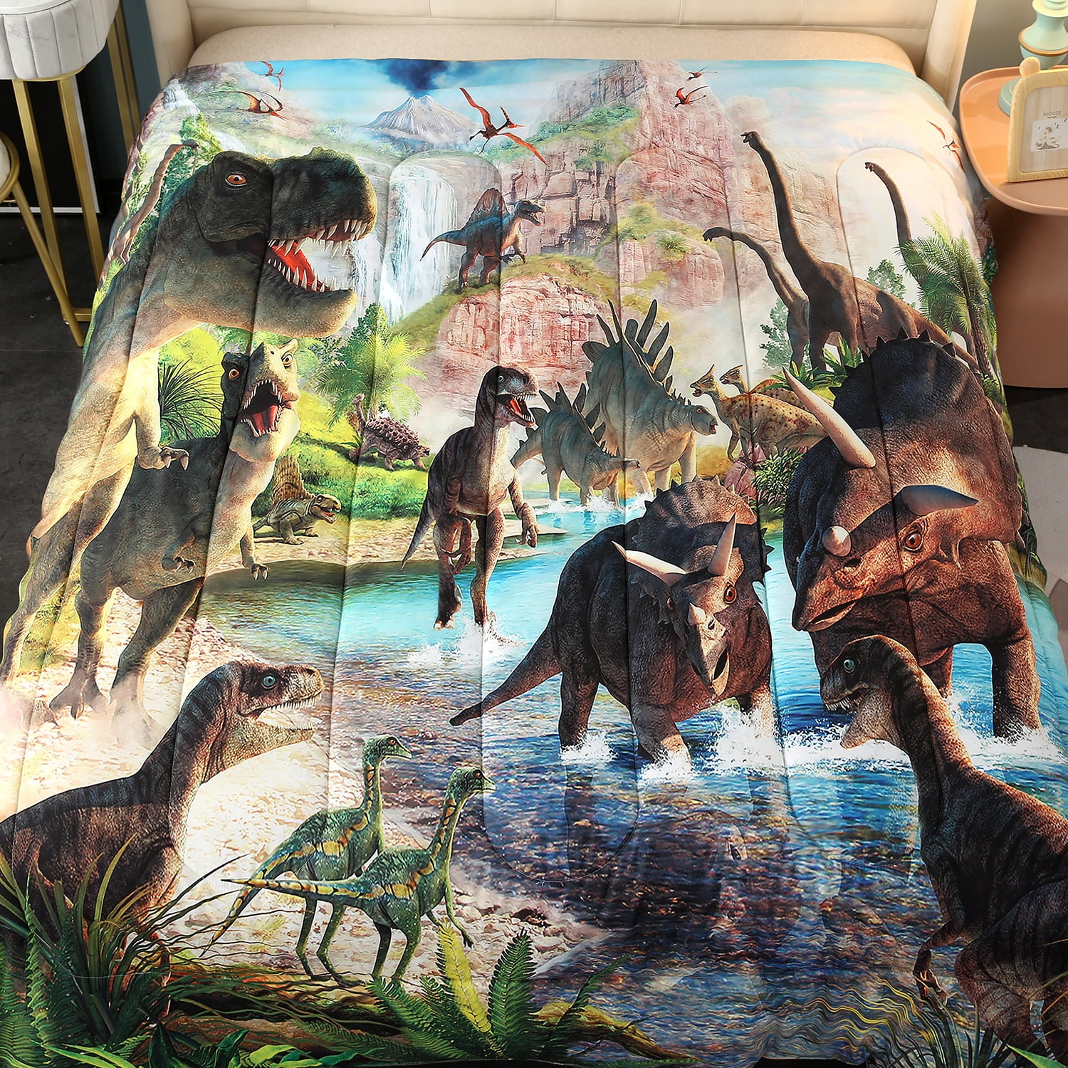 URBONUR Dinosaur Boys Bedding Set Twin Size 3D Digtal Dinosaur Print Comforter Set with Pillowcases, 3 Pieces Soft Reversible Bed Sets for Toddlers/Teens