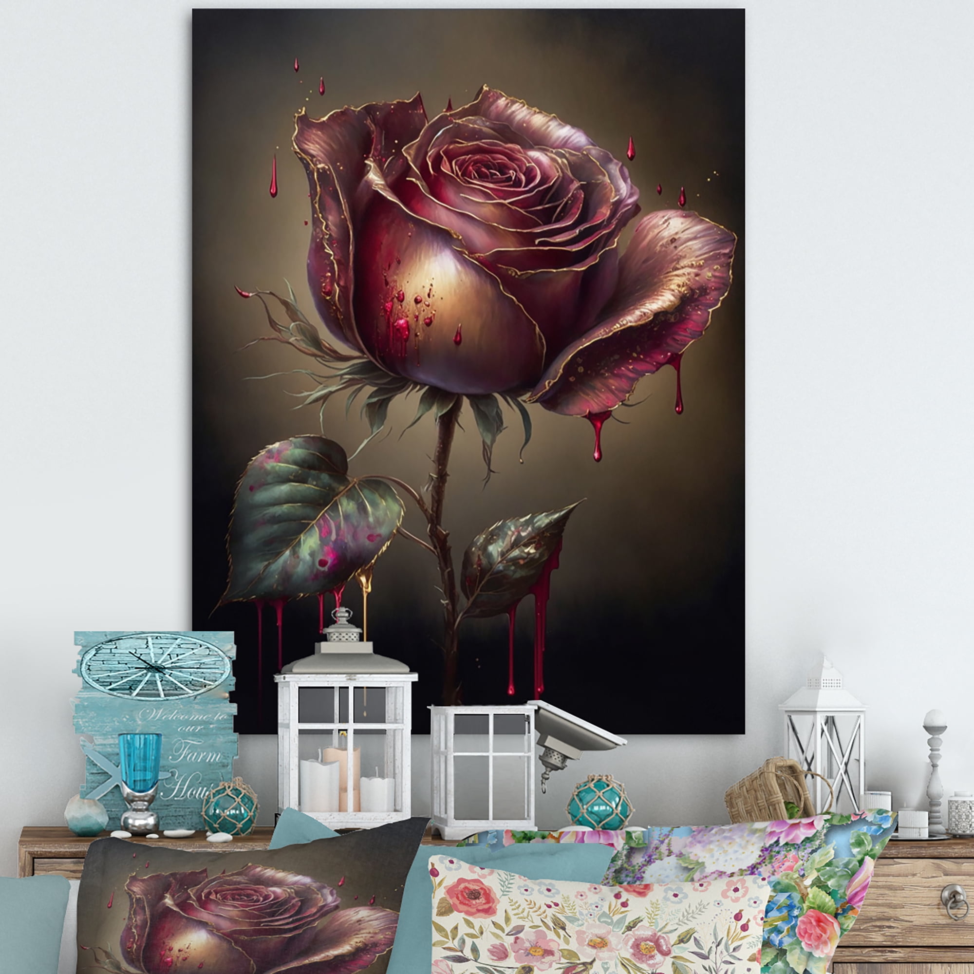 Designart Red Paint Drip Rose I Canvas Wall Art